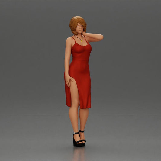 Diorama Modellbau Produktfoto 0: Weibliche Diorama-Figur im Mini-Kleid, kurzes Haar, Hand am Hals, Halskette (Ref Nr. A99)