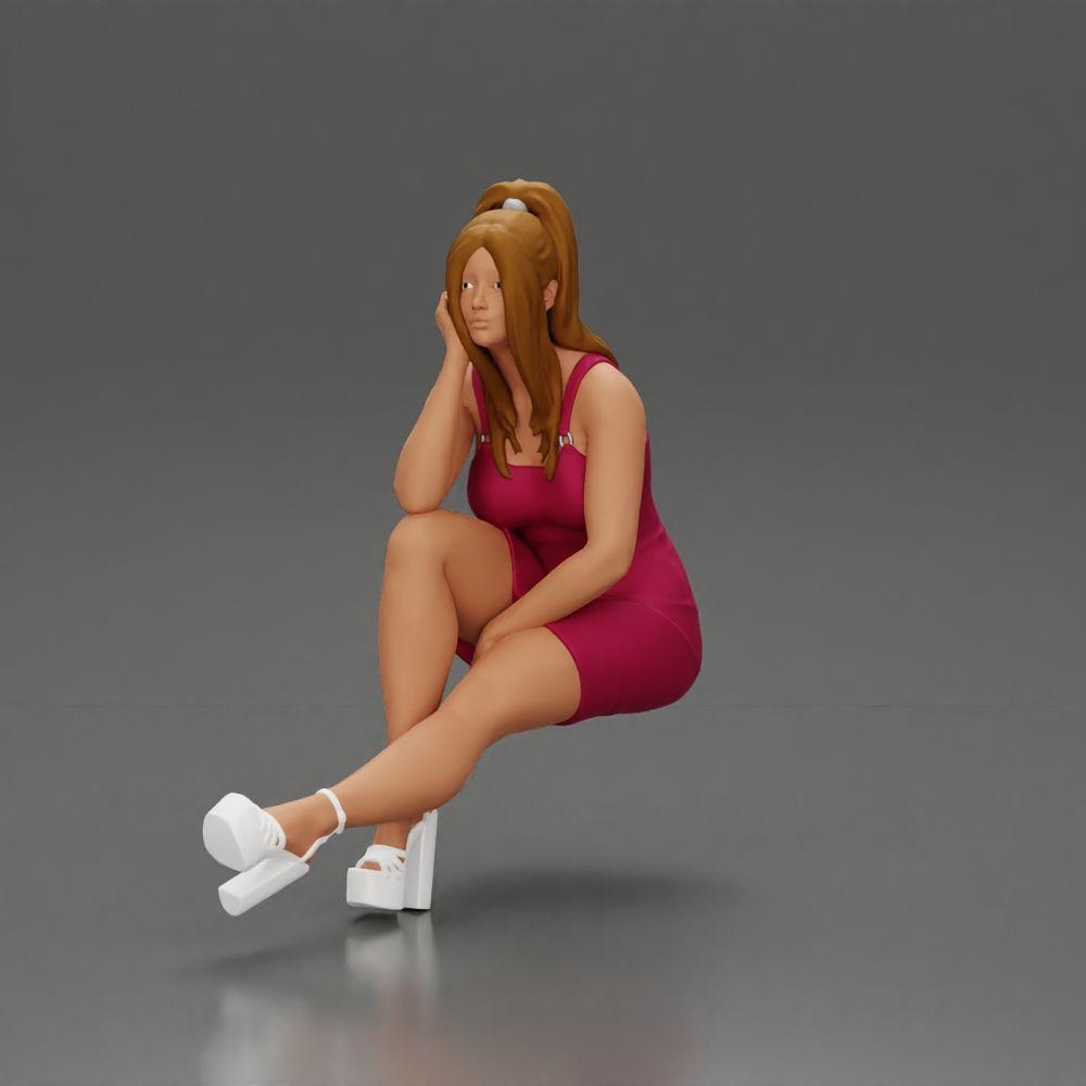 Diorama Modellbau Produktfoto 0: Diorama Figur: Diorama-Miniatur sitzende Frau im rosa Kleid, Hand an Wange, Plateauschuhe (Ref Nr. A131)