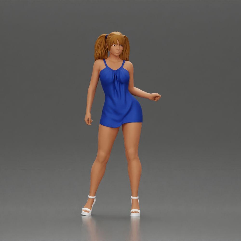 Diorama Modellbau Produktfoto 0: Diorama Figur: Weibliche Miniaturfigur stehend in kurzem Kleid mit Zöpfen und Sandalen (Ref Nr. A123)