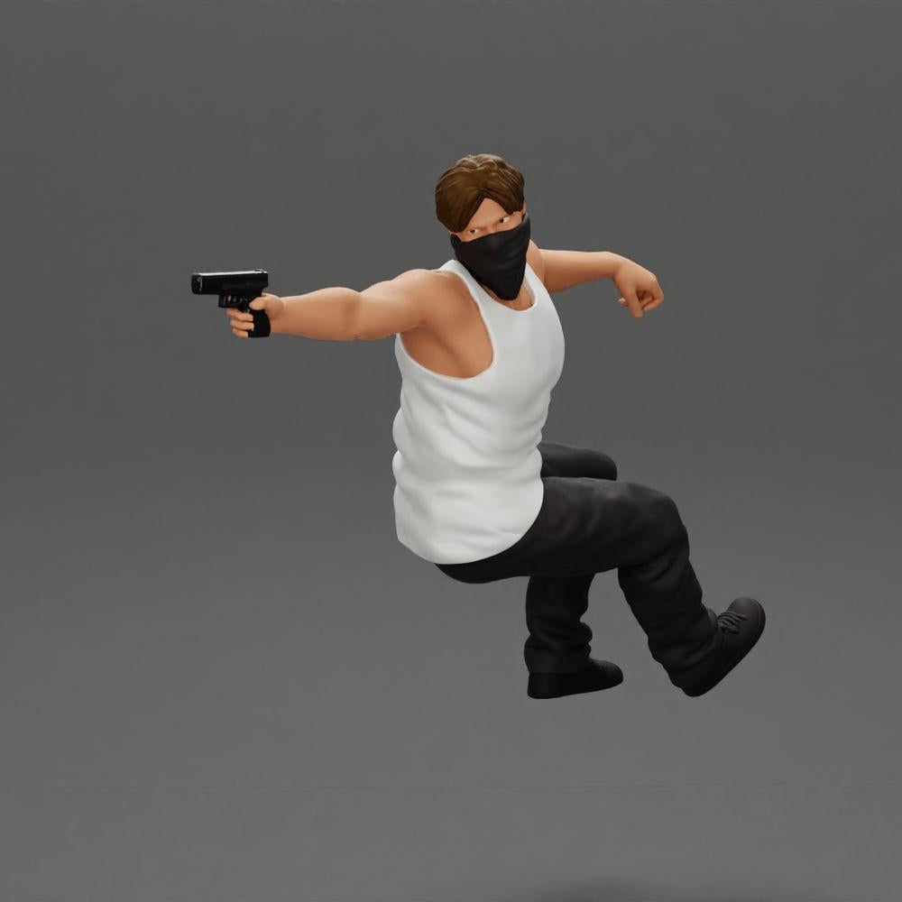 Diorama Modellbau Produktfoto 1: Diorama-Miniatur: Sitzender maskierter Gangster mit Pistole im Auto (Ref Nr. A116)