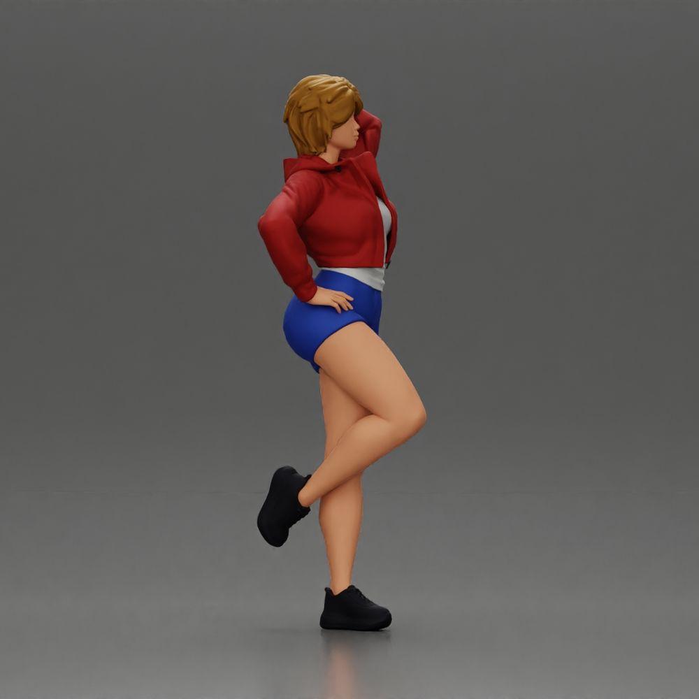 Diorama Modellbau Produktfoto 1: Weibliche Miniatur mit kurzem Haar, Jacke & Shorts, an Auto gelehnt (Ref Nr. A67)