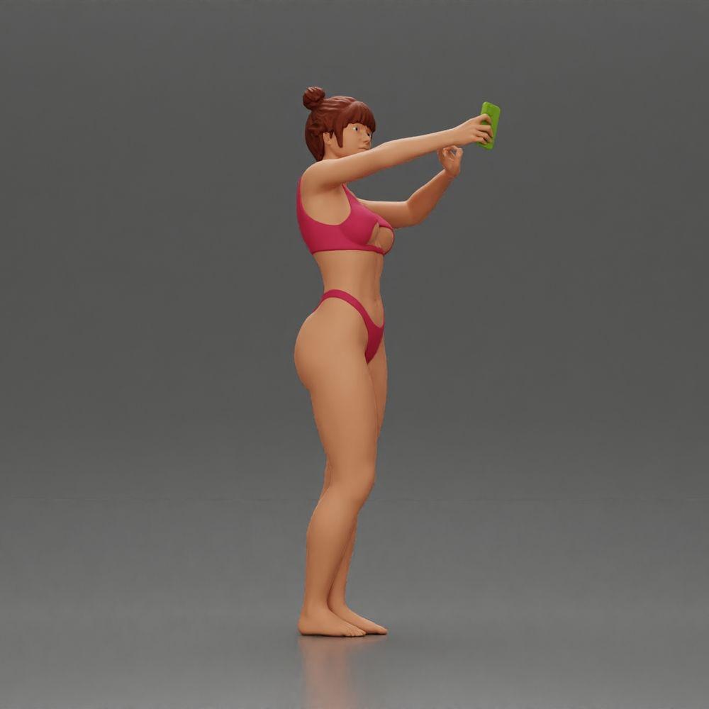 Diorama Modellbau Produktfoto 1: Diorama-Miniatur: Frau im Bikini macht Selfie am Strand, stehende Figur (Ref Nr. A69)