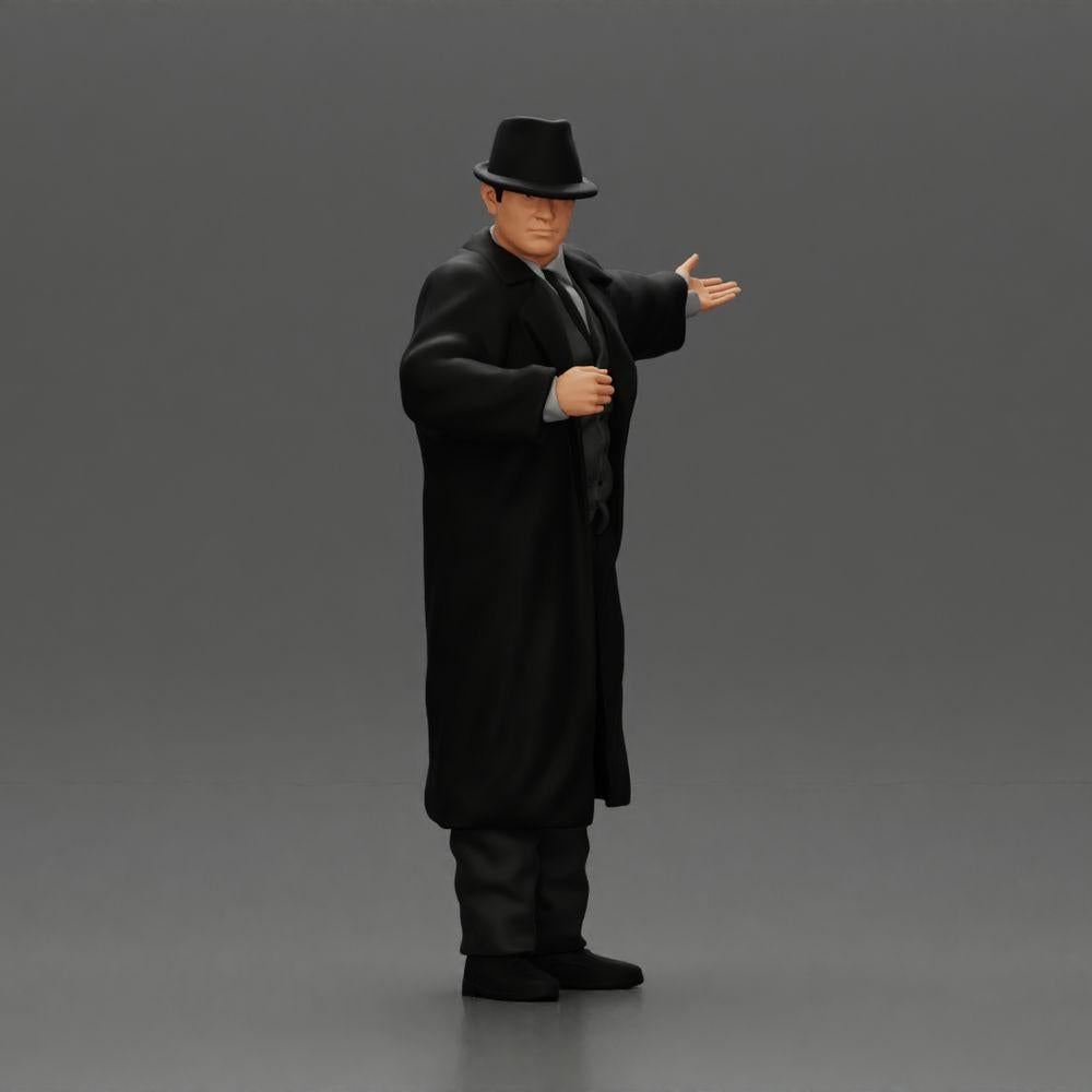 Diorama Modellbau Produktfoto 1: Diorama-Miniatur: Mafioso im Anzug und Mantel mit Hut, gestikulierend (Ref Nr. A94)