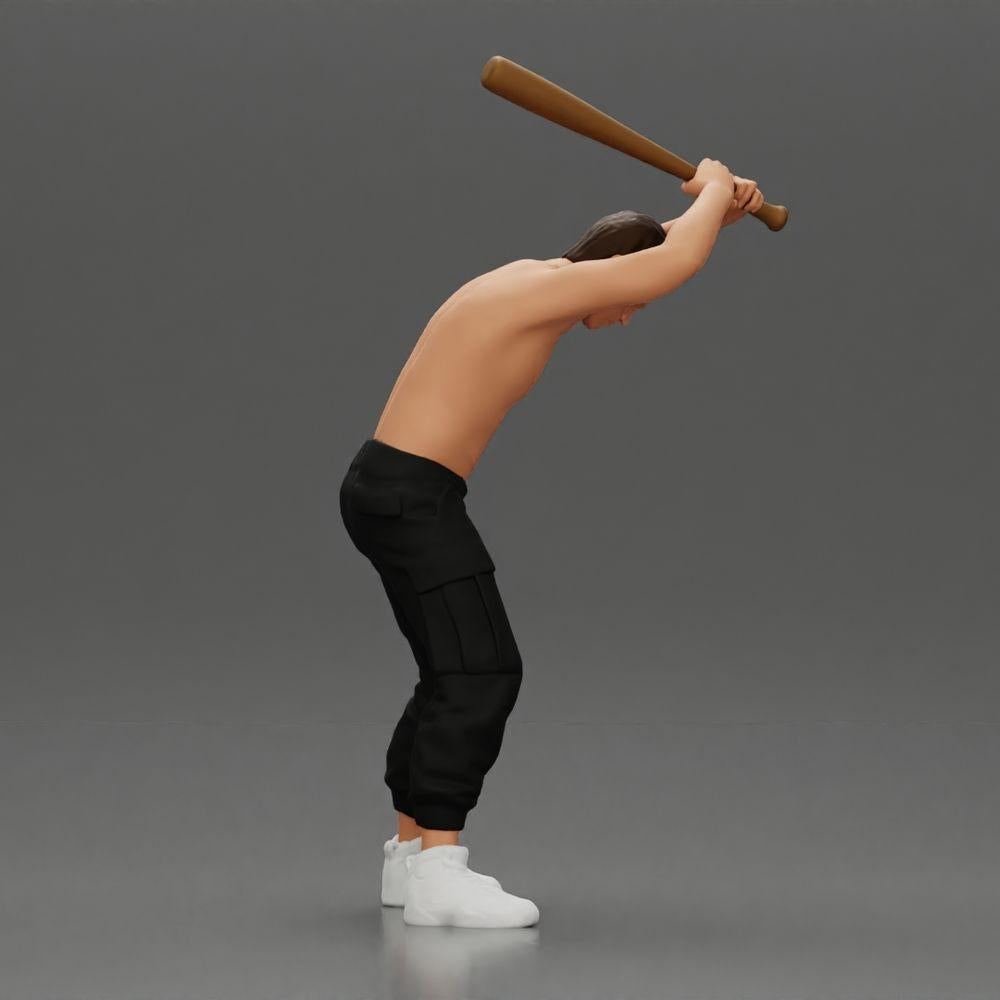 Diorama Modellbau Produktfoto 1: Stehende, oberkörperfreie Miniatur mit erhobenem Baseballschläger, aggressive Pose (Ref Nr. A89)