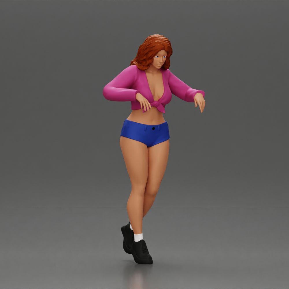 Diorama Modellbau Produktfoto 1: Weibliche Diorama-Figur in Minirock und Shorts, am Treppenrand stehend (Ref Nr. A73)