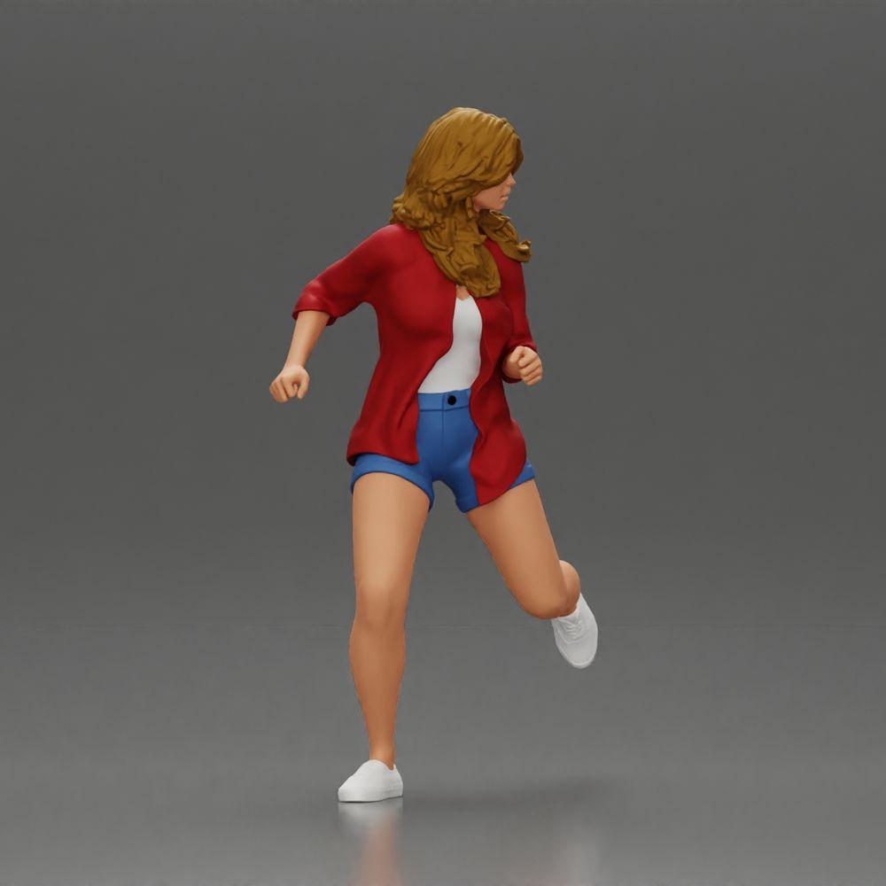 Diorama Modellbau Produktfoto 1: Diorama-Figur: Laufende junge Frau mit offenem Hemd & Shorts, entschlossen (Ref Nr. A102)
