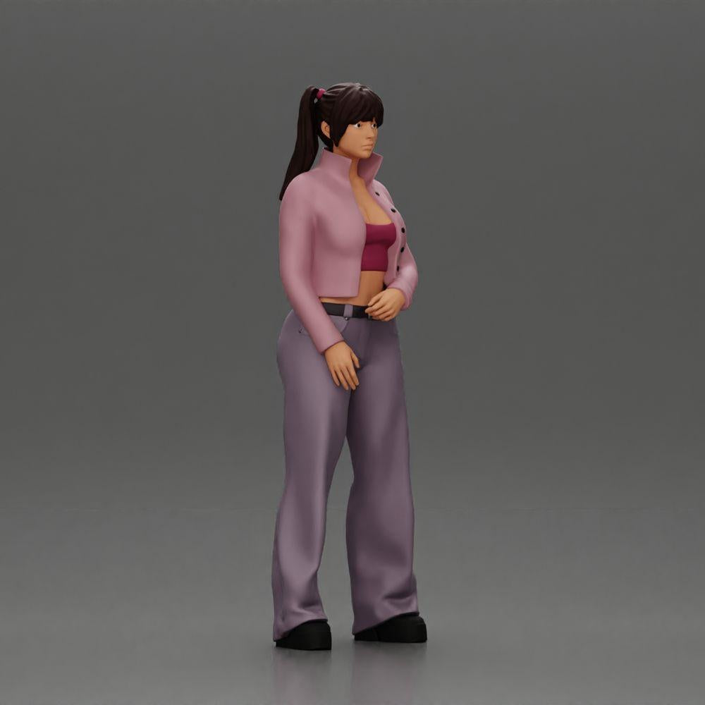 Diorama Modellbau Produktfoto 1: Diorama-Miniatur: Chola-Mädchen mit Zöpfen, Jacke, Top, Gürtel & Schlaghose (Ref Nr. A79)