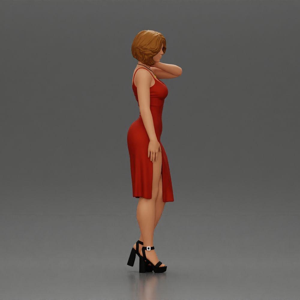 Diorama Modellbau Produktfoto 1: Weibliche Diorama-Figur im Mini-Kleid, kurzes Haar, Hand am Hals, Halskette (Ref Nr. A99)