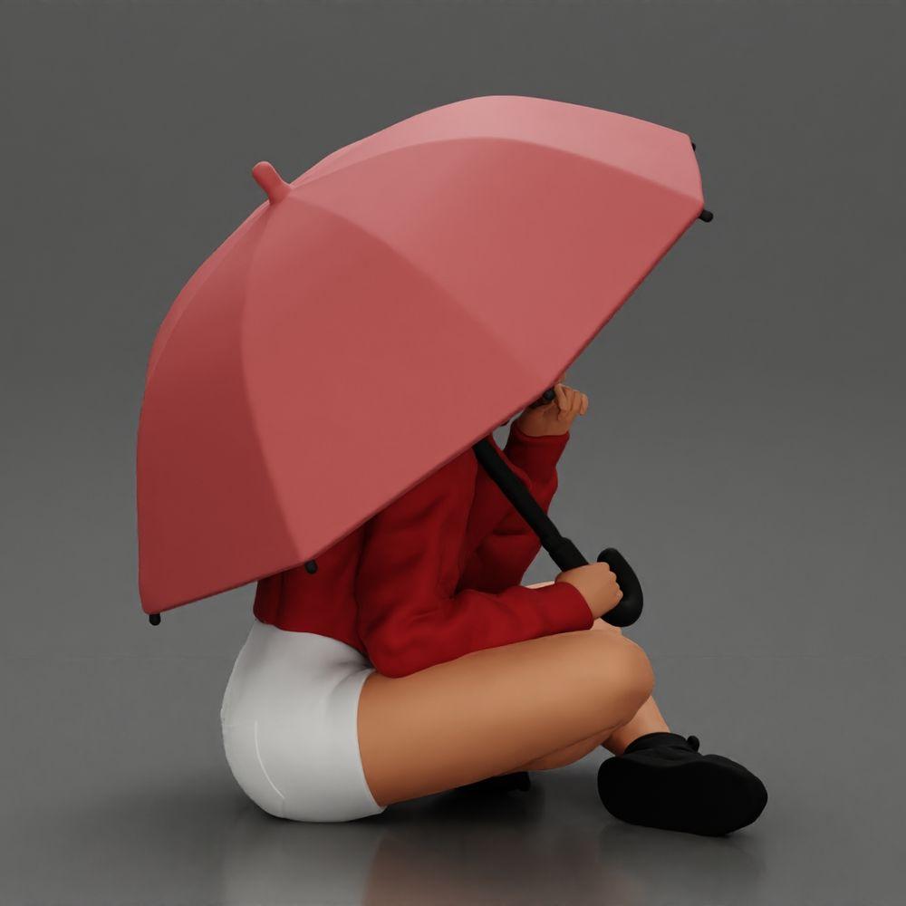 Diorama Modellbau Produktfoto 1: Diorama-Miniatur: Sitzende Frau in Jacke und Shorts mit offenem Regenschirm (Ref Nr. A85)