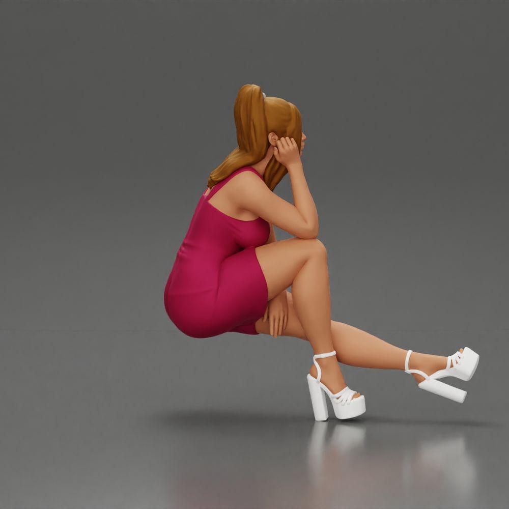 Diorama Modellbau Produktfoto 2: Diorama Figur: Diorama-Miniatur sitzende Frau im rosa Kleid, Hand an Wange, Plateauschuhe (Ref Nr. A131)