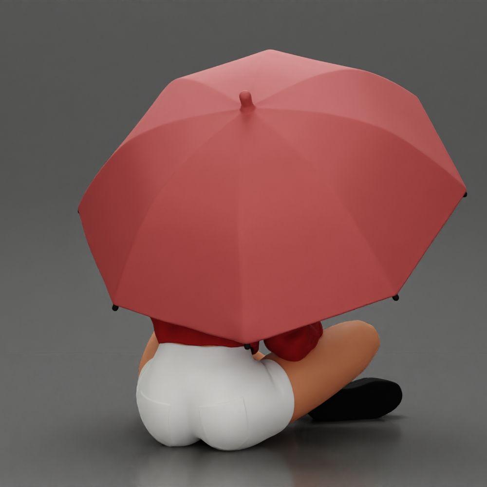 Diorama Modellbau Produktfoto 2: Diorama-Miniatur: Sitzende Frau in Jacke und Shorts mit offenem Regenschirm (Ref Nr. A85)