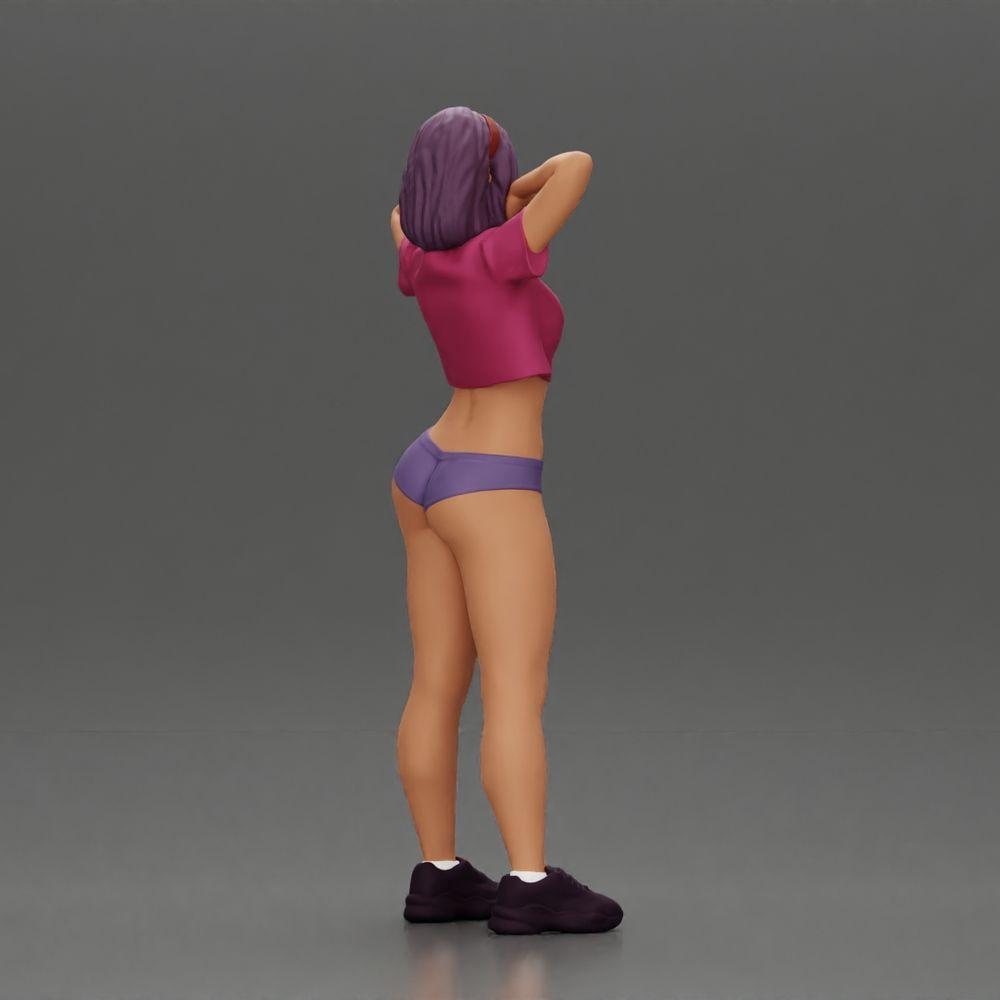 Diorama Modellbau Produktfoto 2: Diorama-Miniatur: Weibliche Figur im Bikini, kurzes Shirt & Haarband, posierend (Ref Nr. A97)