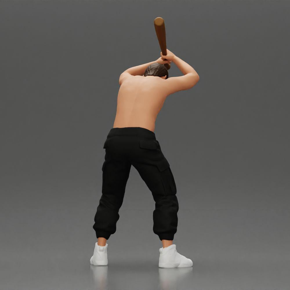 Diorama Modellbau Produktfoto 2: Stehende, oberkörperfreie Miniatur mit erhobenem Baseballschläger, aggressive Pose (Ref Nr. A89)