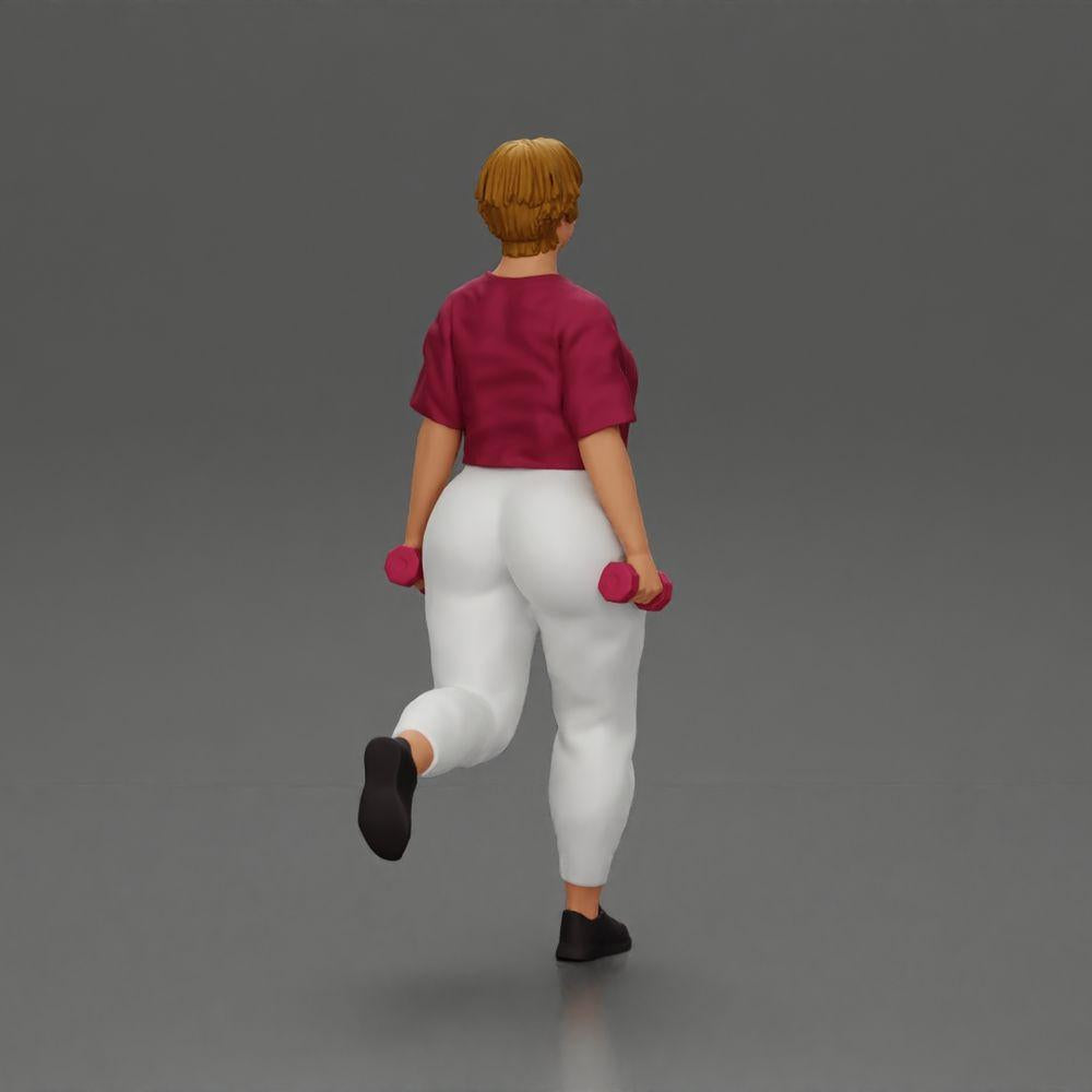 Diorama Modellbau Produktfoto 2: Dioramafigur: kräftige Frau im Fitness-Outfit, einbeinige Übung mit Kurzhanteln (Ref Nr. A105)