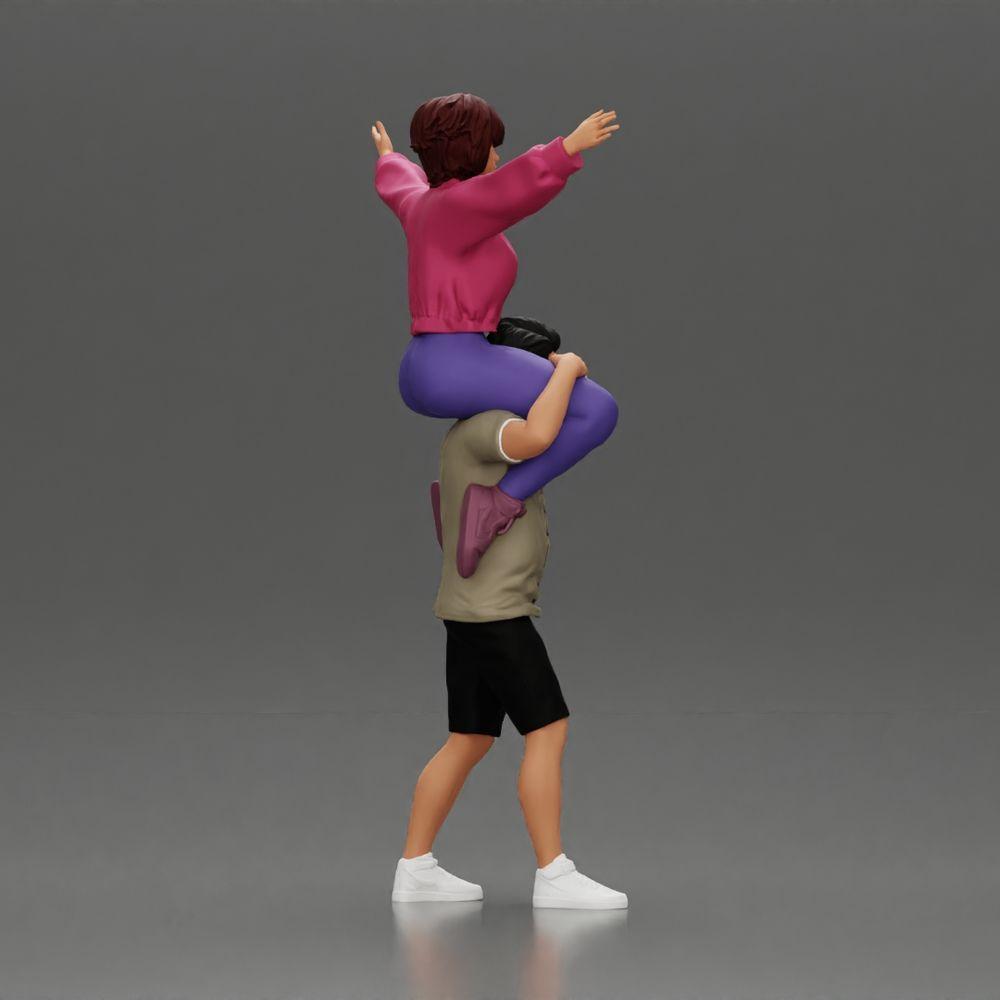 Diorama Modellbau Produktfoto 2: Miniatur-Figur: Mann in Shorts trägt Freundin auf Schultern, posierendes Paar (Ref Nr. A76)