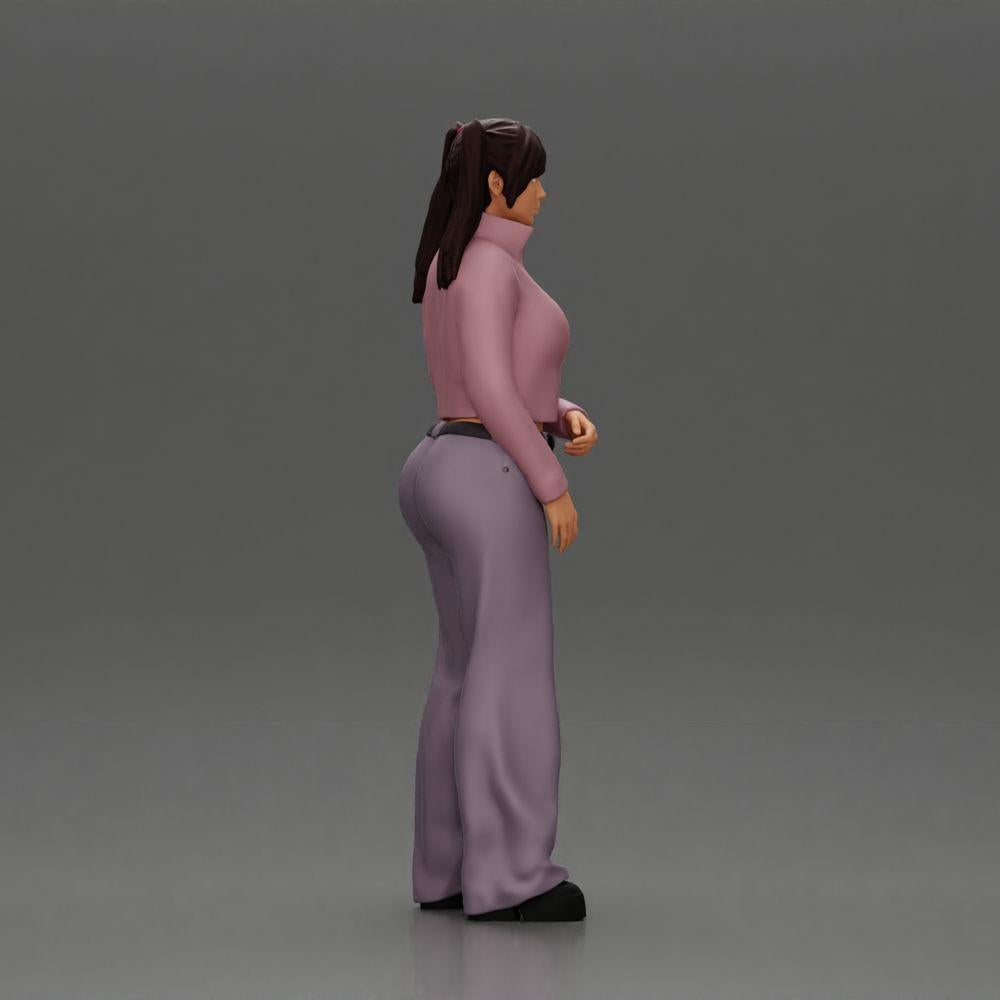 Diorama Modellbau Produktfoto 2: Diorama-Miniatur: Chola-Mädchen mit Zöpfen, Jacke, Top, Gürtel & Schlaghose (Ref Nr. A79)
