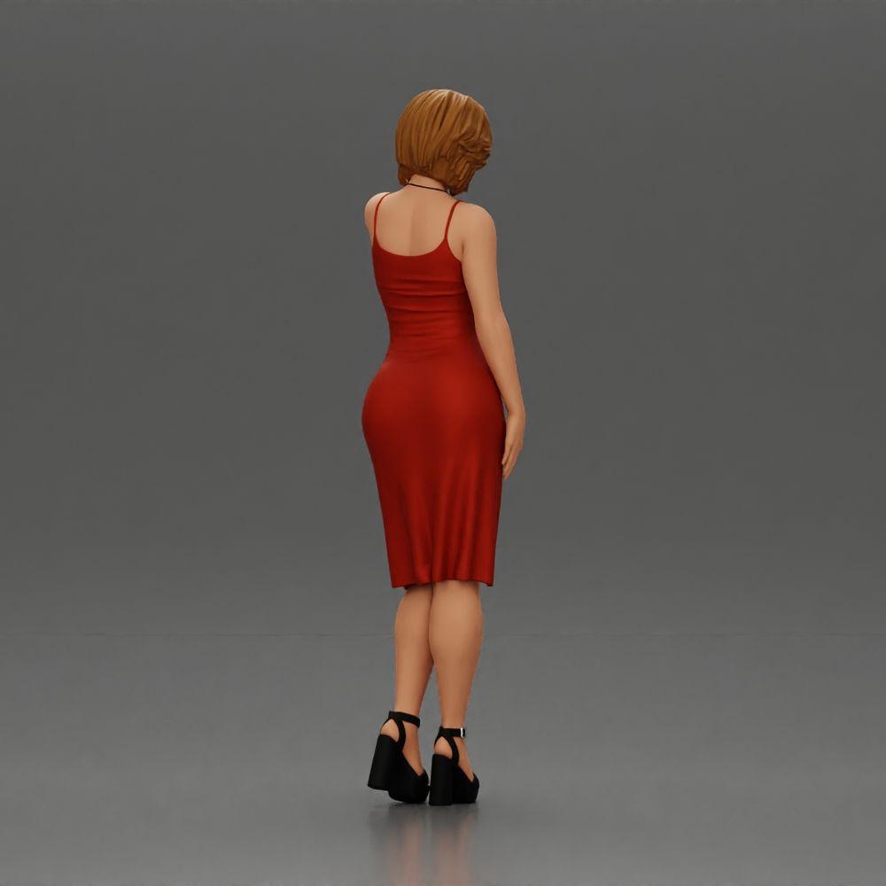 Diorama Modellbau Produktfoto 2: Weibliche Diorama-Figur im Mini-Kleid, kurzes Haar, Hand am Hals, Halskette (Ref Nr. A99)