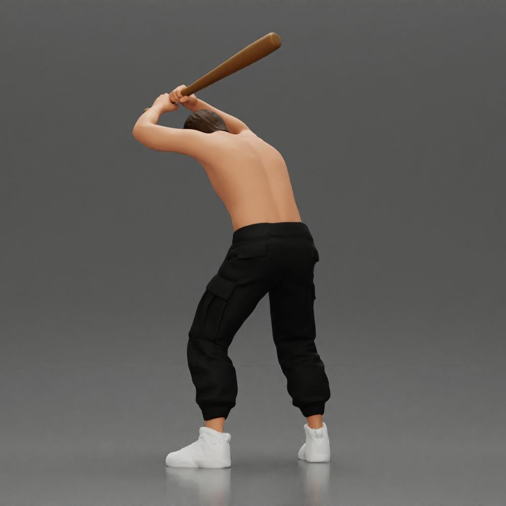 Diorama Modellbau Produktfoto 3: Stehende, oberkörperfreie Miniatur mit erhobenem Baseballschläger, aggressive Pose (Ref Nr. A89)