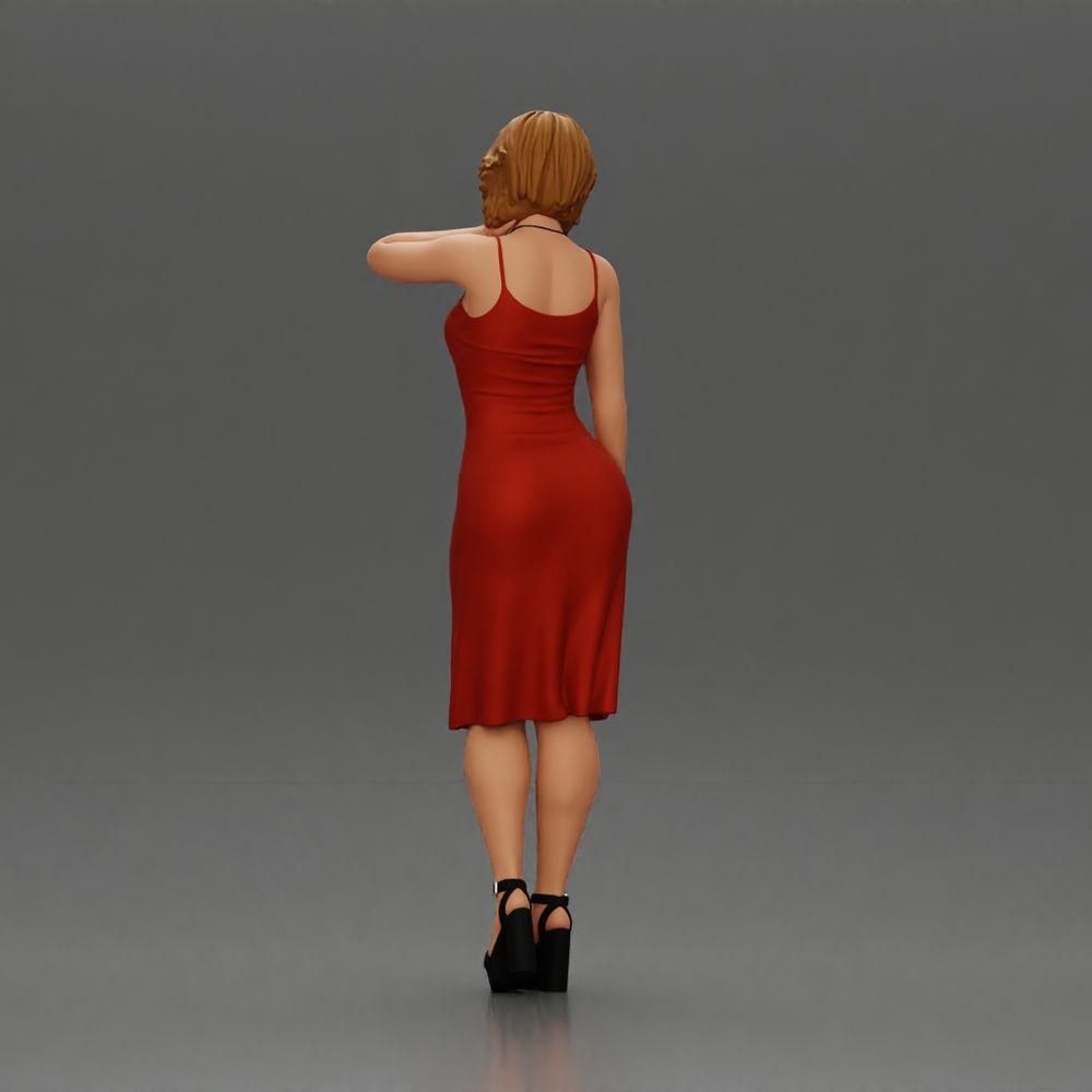 Diorama Modellbau Produktfoto 3: Weibliche Diorama-Figur im Mini-Kleid, kurzes Haar, Hand am Hals, Halskette (Ref Nr. A99)