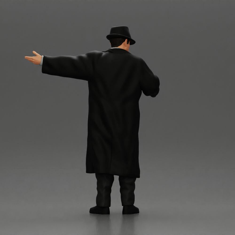 Diorama Modellbau Produktfoto 3: Diorama-Miniatur: Mafioso im Anzug und Mantel mit Hut, gestikulierend (Ref Nr. A94)