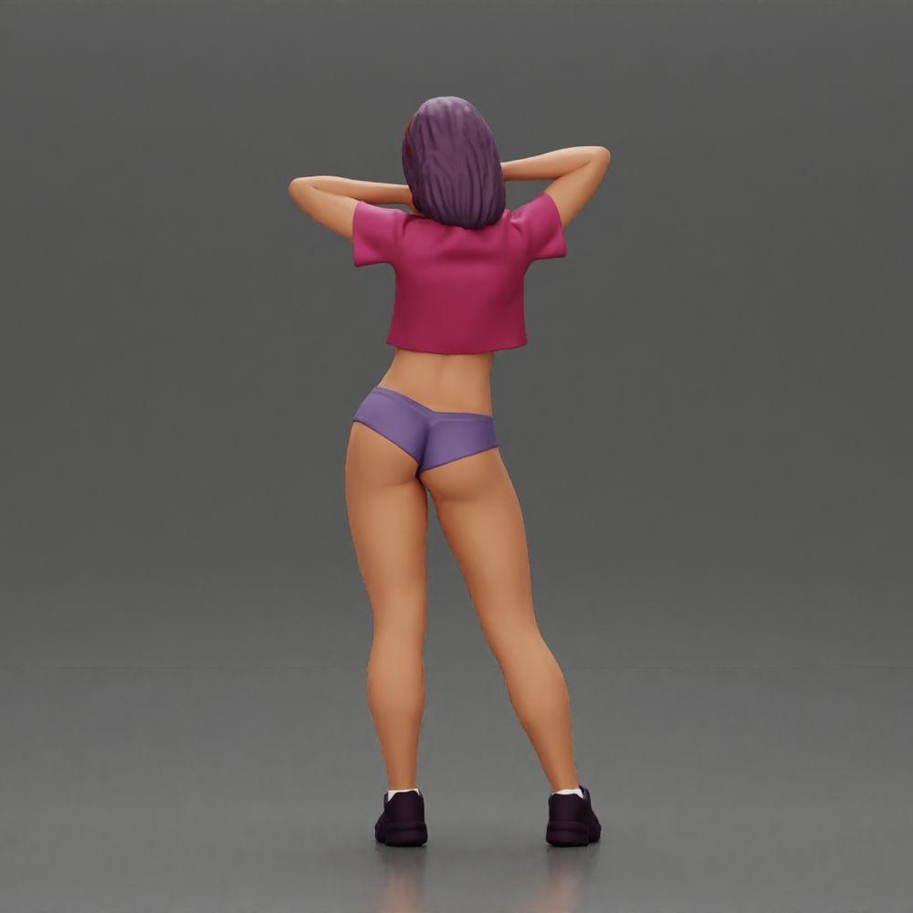 Diorama Modellbau Produktfoto 3: Diorama-Miniatur: Weibliche Figur im Bikini, kurzes Shirt & Haarband, posierend (Ref Nr. A97)