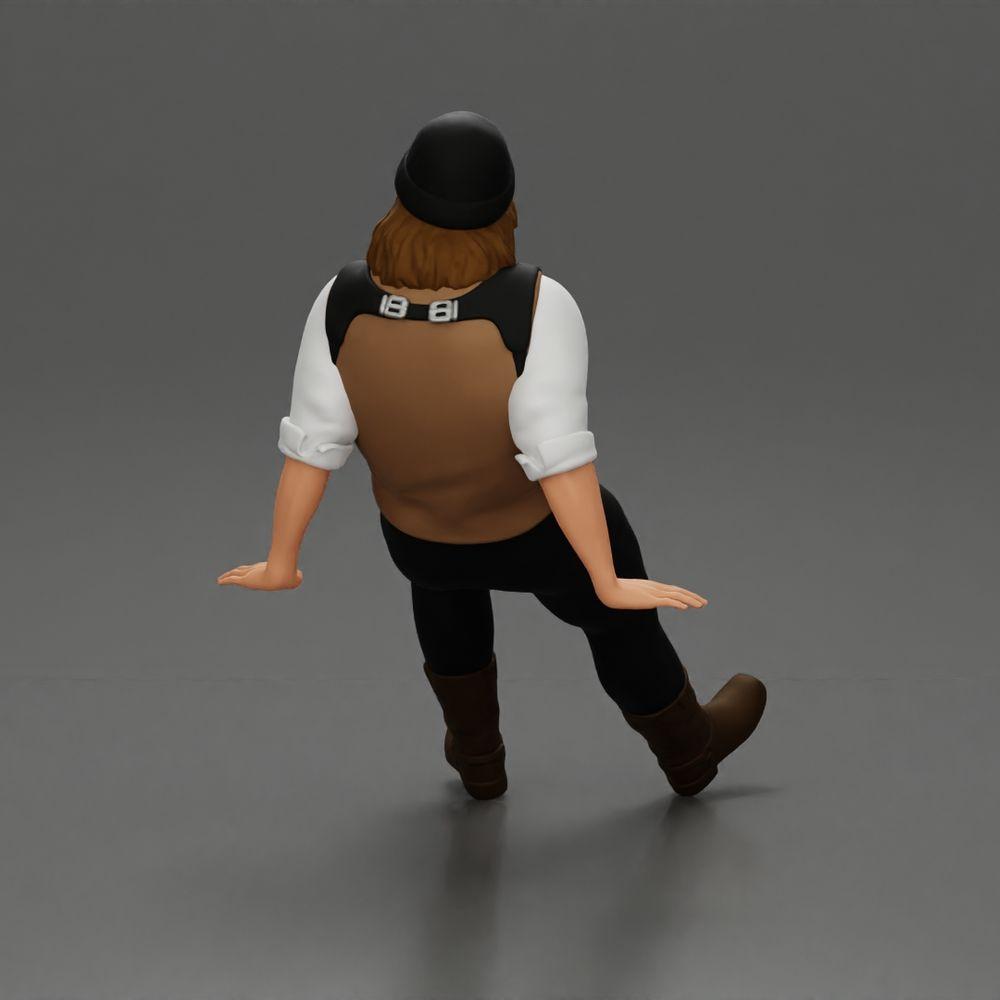 Diorama Modellbau Produktfoto 3: Sitzende Miniaturfigur, Mann in historischer Kleidung mit Mütze und Hosenträgern (Ref Nr. A84)