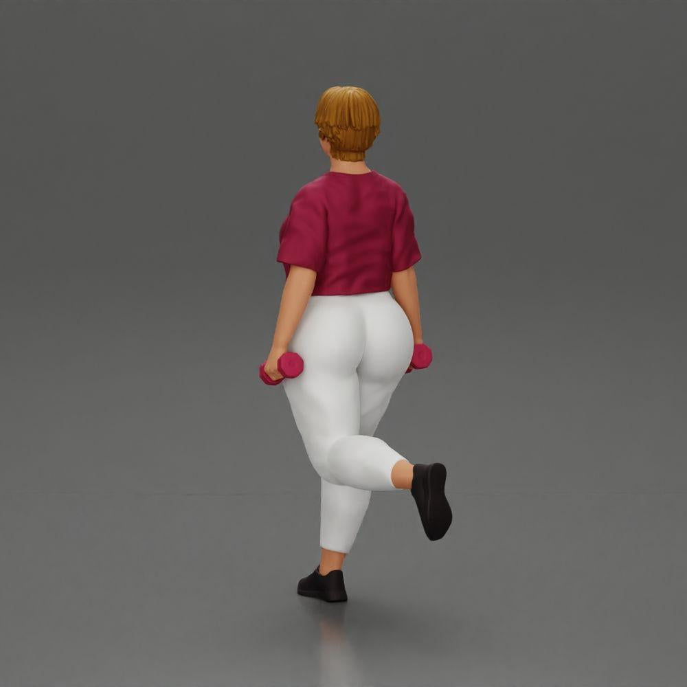 Diorama Modellbau Produktfoto 3: Dioramafigur: kräftige Frau im Fitness-Outfit, einbeinige Übung mit Kurzhanteln (Ref Nr. A105)
