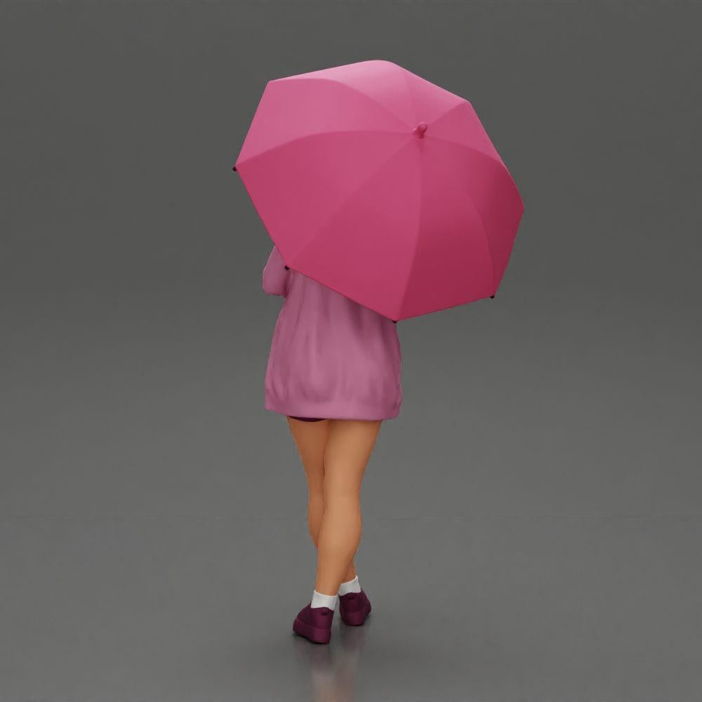 Diorama Modellbau Produktfoto 3: Weibliche Diorama-Figur in offener Strickjacke und kurzen Hosen mit Regenschirm (Ref Nr. A92)