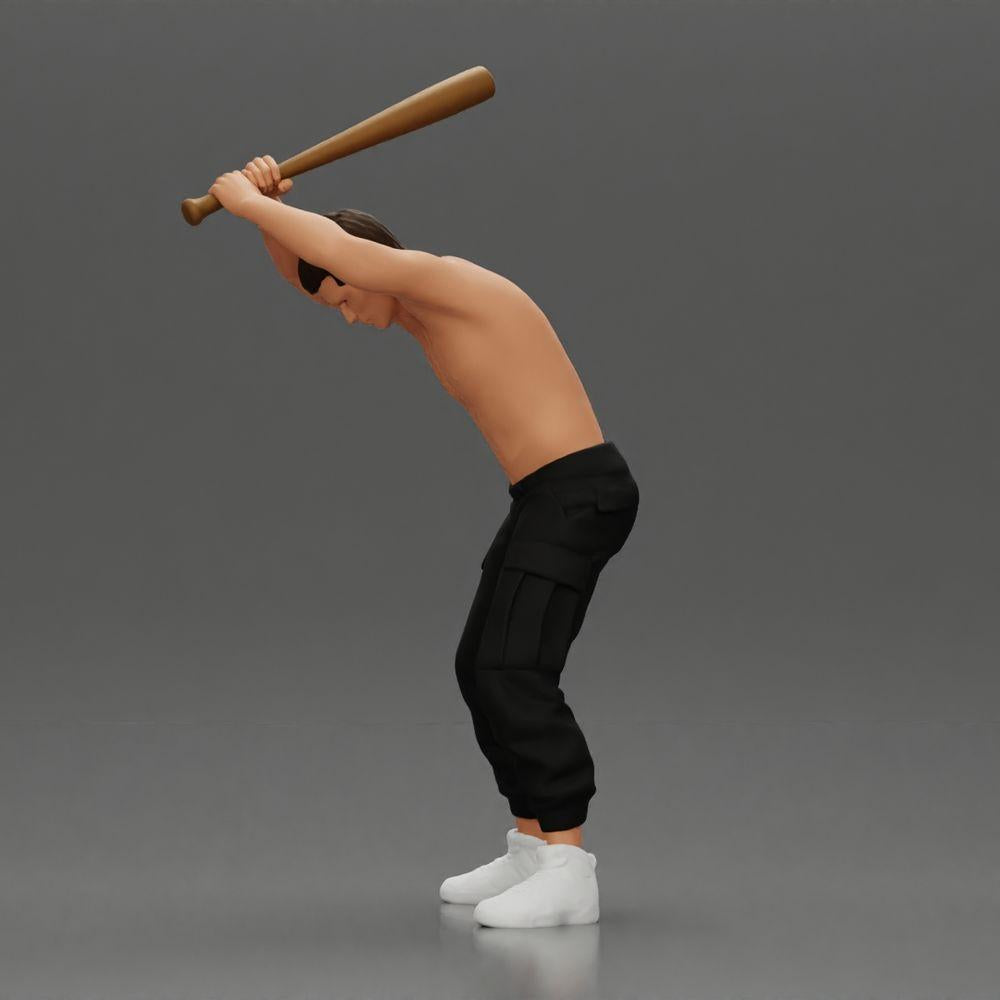 Diorama Modellbau Produktfoto 4: Stehende, oberkörperfreie Miniatur mit erhobenem Baseballschläger, aggressive Pose (Ref Nr. A89)