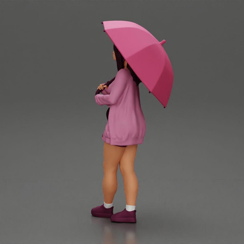 Diorama Modellbau Produktfoto 4: Weibliche Diorama-Figur in offener Strickjacke und kurzen Hosen mit Regenschirm (Ref Nr. A92)