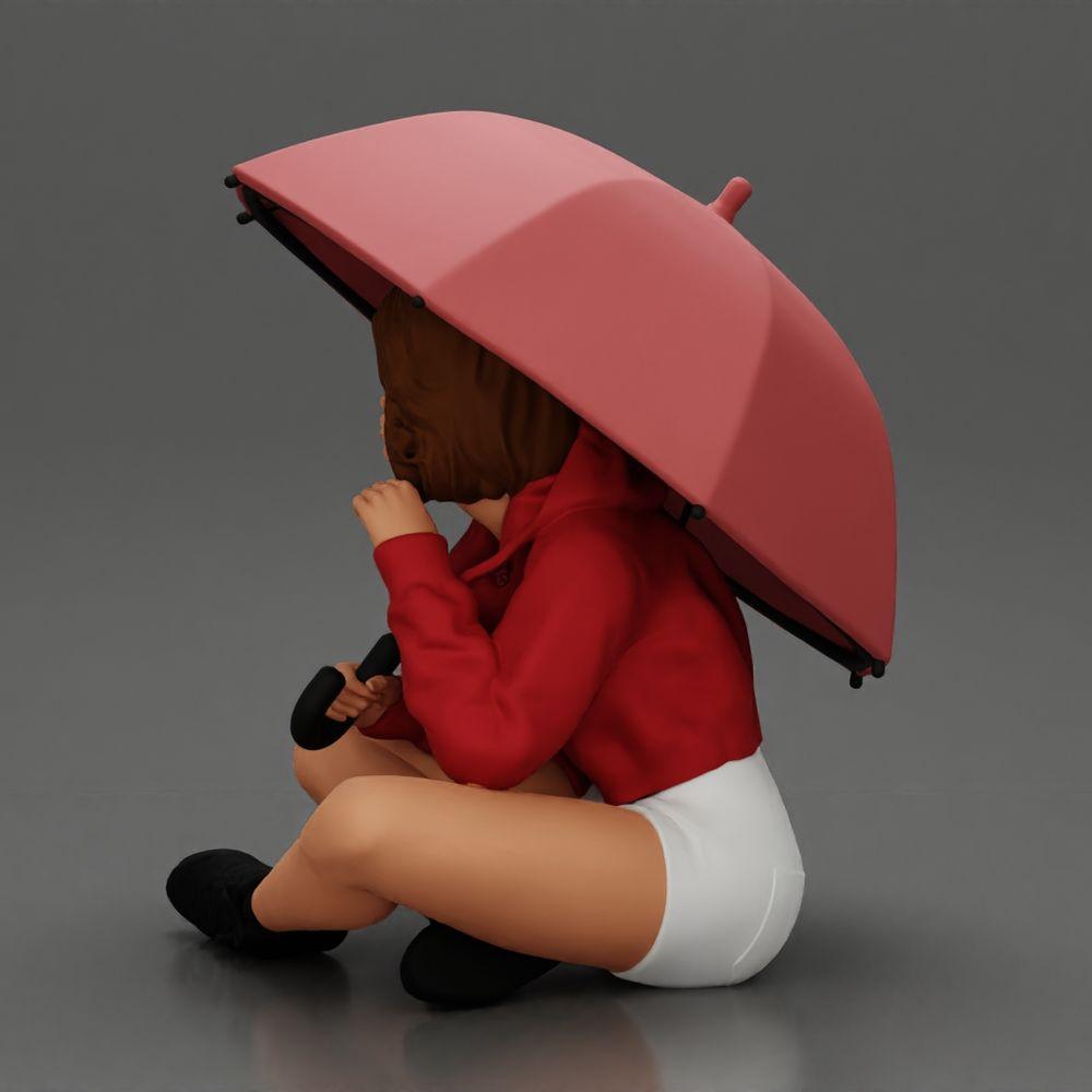 Diorama Modellbau Produktfoto 4: Diorama-Miniatur: Sitzende Frau in Jacke und Shorts mit offenem Regenschirm (Ref Nr. A85)