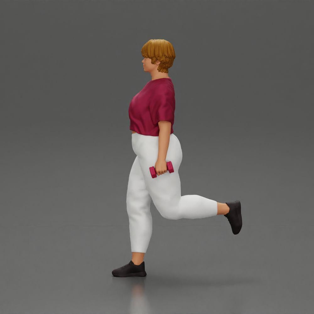 Diorama Modellbau Produktfoto 4: Dioramafigur: kräftige Frau im Fitness-Outfit, einbeinige Übung mit Kurzhanteln (Ref Nr. A105)