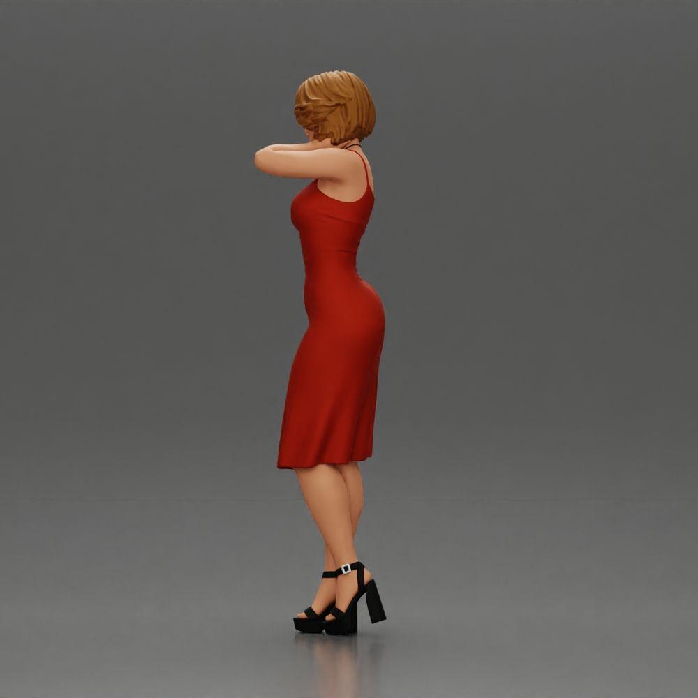 Diorama Modellbau Produktfoto 4: Weibliche Diorama-Figur im Mini-Kleid, kurzes Haar, Hand am Hals, Halskette (Ref Nr. A99)
