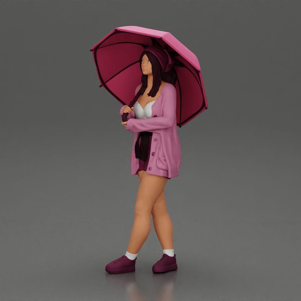 Diorama Modellbau Produktfoto 5: Weibliche Diorama-Figur in offener Strickjacke und kurzen Hosen mit Regenschirm (Ref Nr. A92)