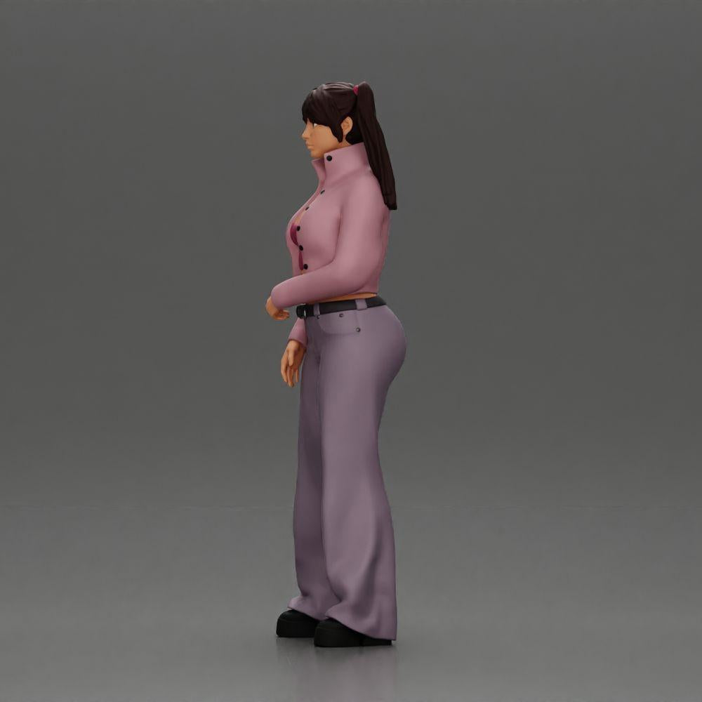 Diorama Modellbau Produktfoto 5: Diorama-Miniatur: Chola-Mädchen mit Zöpfen, Jacke, Top, Gürtel & Schlaghose (Ref Nr. A79)