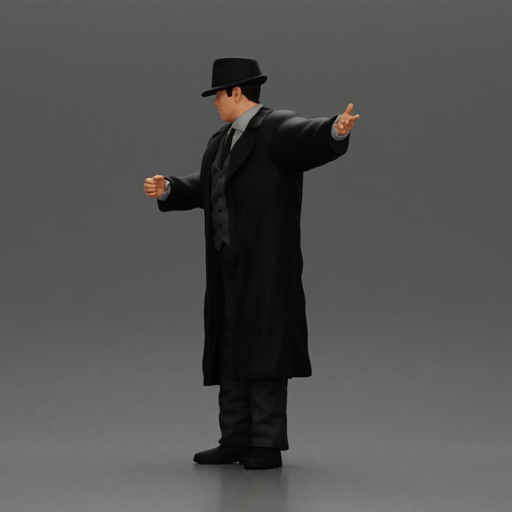 Diorama Modellbau Produktfoto 5: Diorama-Miniatur: Mafioso im Anzug und Mantel mit Hut, gestikulierend (Ref Nr. A94)