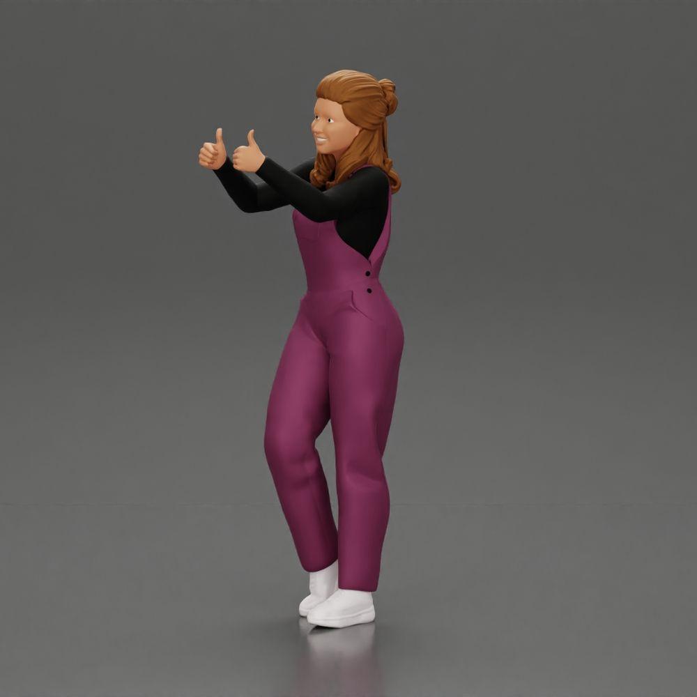 Diorama Modellbau Produktfoto 5: Stehendes, lächelndes Mädchen in Latzhose, beide Daumen hoch - Diorama-Figur (Ref Nr. A82)