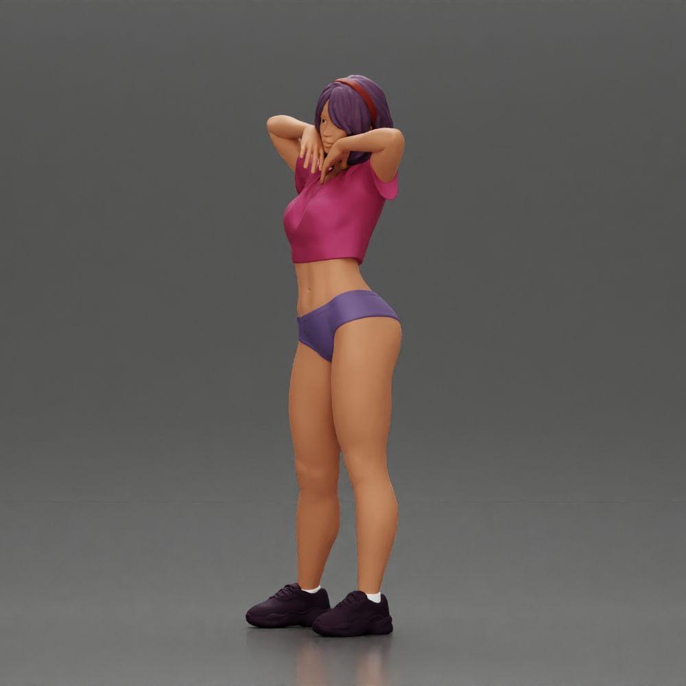 Diorama Modellbau Produktfoto 5: Diorama-Miniatur: Weibliche Figur im Bikini, kurzes Shirt & Haarband, posierend (Ref Nr. A97)