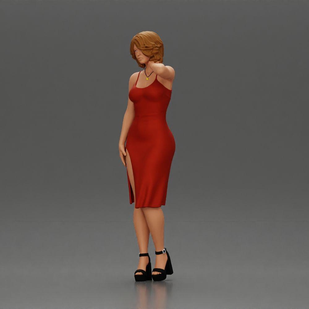 Diorama Modellbau Produktfoto 5: Weibliche Diorama-Figur im Mini-Kleid, kurzes Haar, Hand am Hals, Halskette (Ref Nr. A99)
