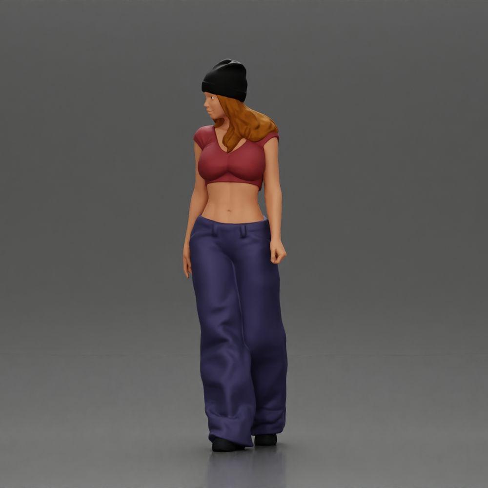 Diorama Modellbau Produktfoto 5: Miniatur-Figur: Hip-Hop Lowrider Frau mit Mütze, kurzem Top & Baggy-Hose (Ref Nr. A103)