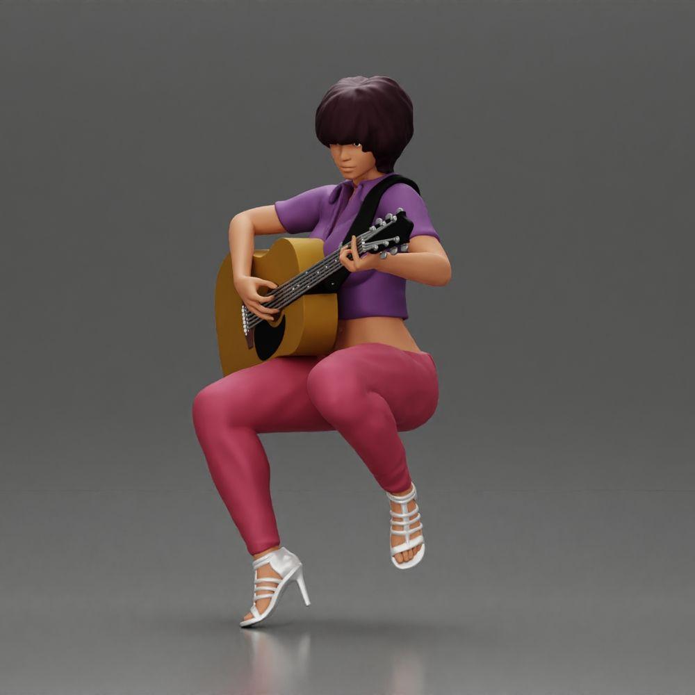 Diorama Modellbau Produktfoto 5: Miniatur: Frau mit Kurzhaar spielt akustische Gitarre Halskette, Riemchensandalen (Ref Nr. A128)