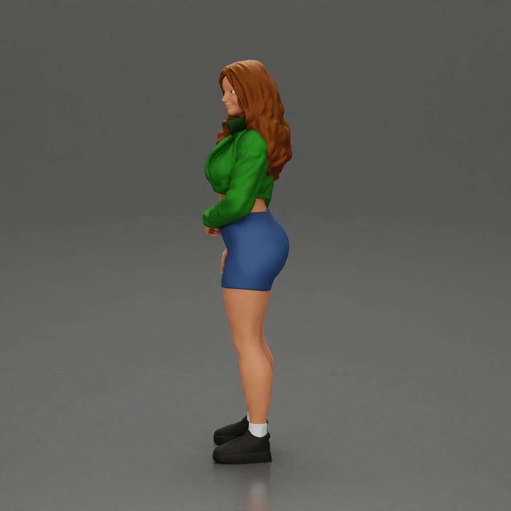 Diorama Modellbau Produktfoto 5: Miniaturfigur: Sportliches Mädchen stehend mit Kurzjacke, Shorts und Sneakern (Ref Nr. A74)