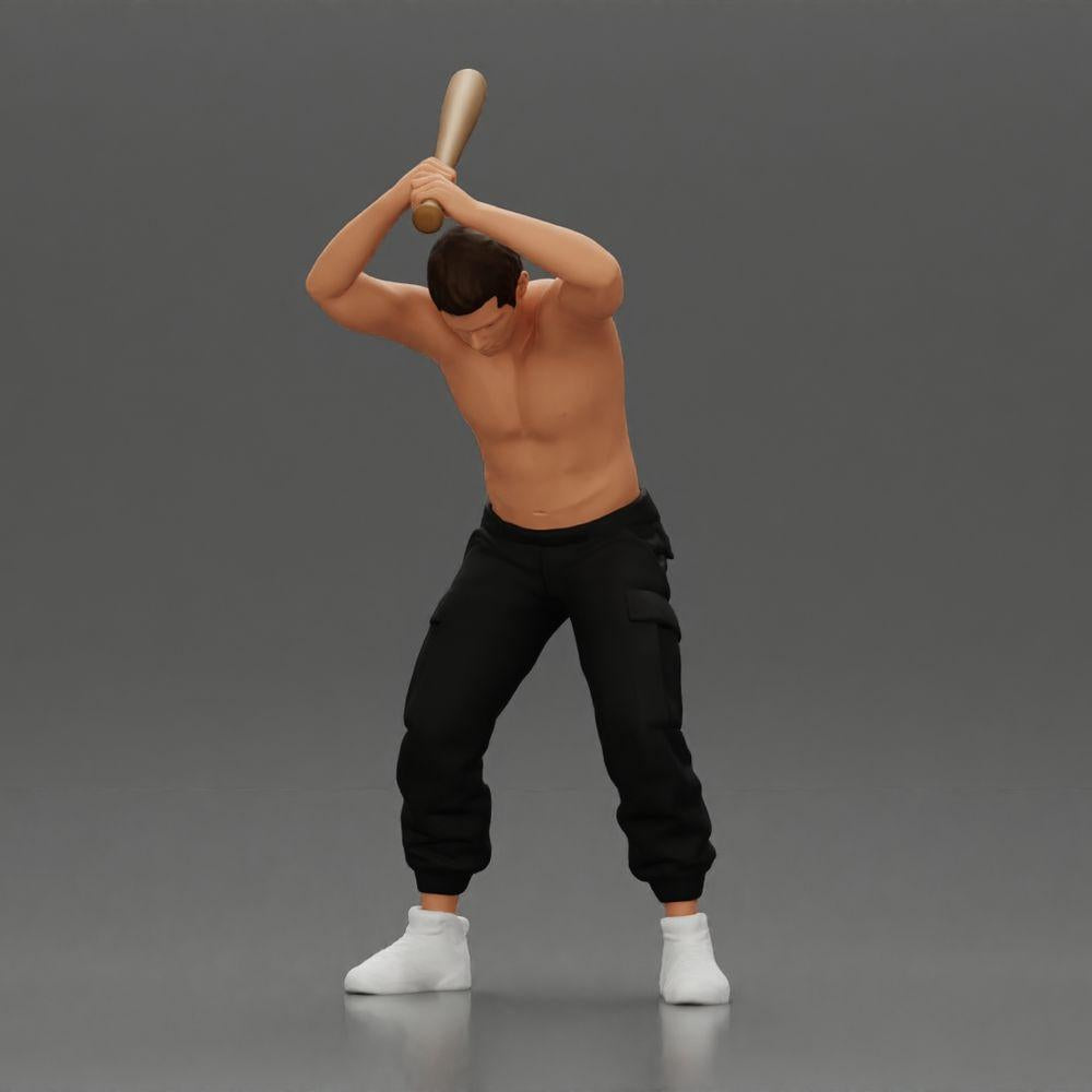 Diorama Modellbau Produktfoto 5: Stehende, oberkörperfreie Miniatur mit erhobenem Baseballschläger, aggressive Pose (Ref Nr. A89)