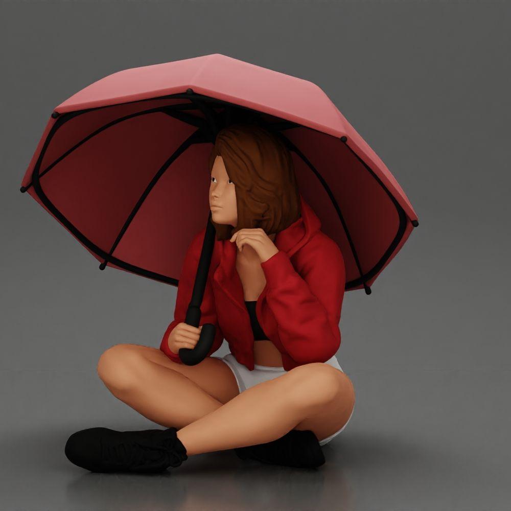 Diorama Modellbau Produktfoto 5: Diorama-Miniatur: Sitzende Frau in Jacke und Shorts mit offenem Regenschirm (Ref Nr. A85)