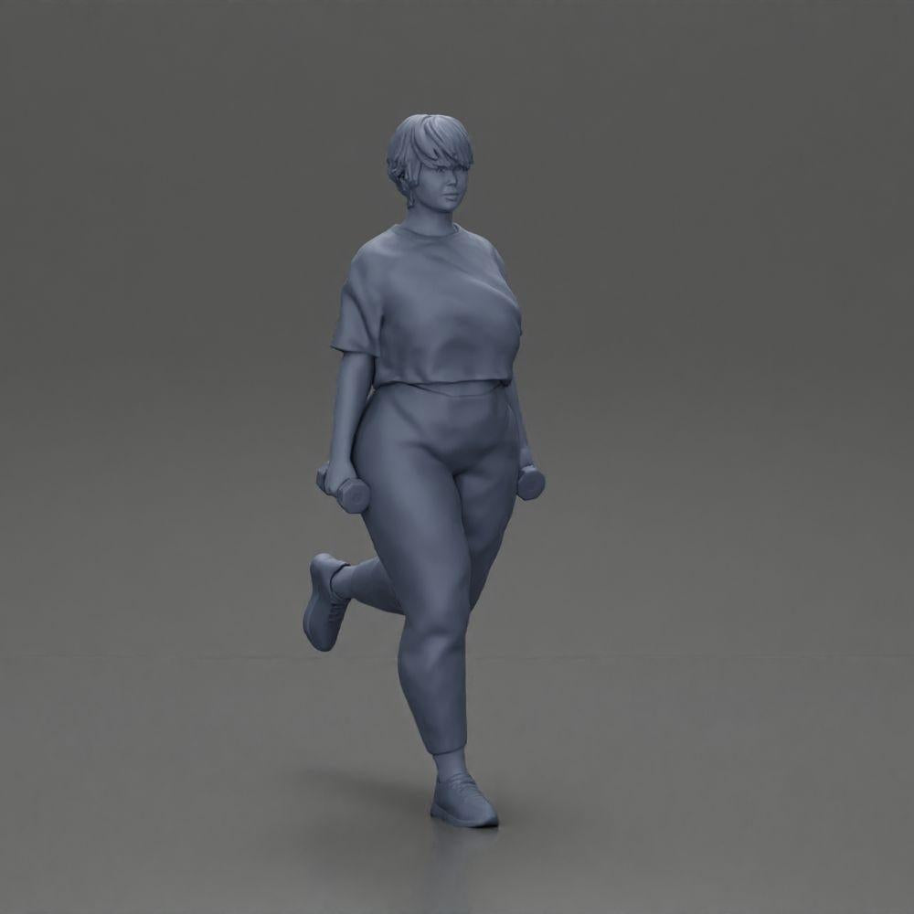 Diorama Modellbau Produktfoto 6: Dioramafigur: kräftige Frau im Fitness-Outfit, einbeinige Übung mit Kurzhanteln (Ref Nr. A105)