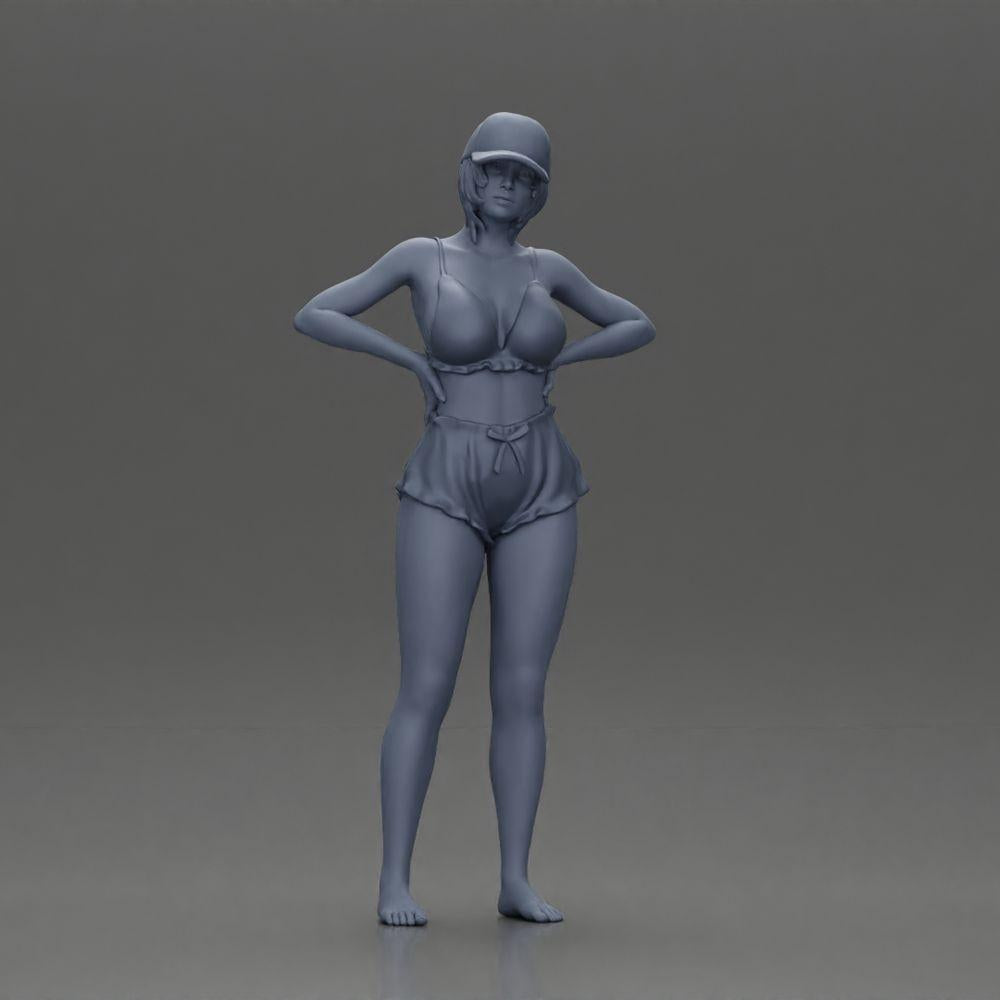 Diorama Modellbau Produktfoto 6: Diorama Figur: Stehende Miniaturfigur im Sommerlook mit Kappe, Shorts, barfuß am Strand (Ref Nr. A108)