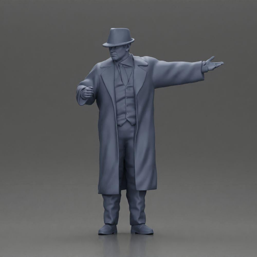 Diorama Modellbau Produktfoto 6: Diorama-Miniatur: Mafioso im Anzug und Mantel mit Hut, gestikulierend (Ref Nr. A94)