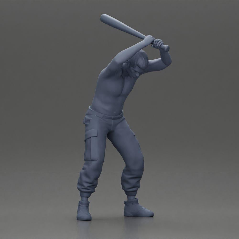 Diorama Modellbau Produktfoto 6: Stehende, oberkörperfreie Miniatur mit erhobenem Baseballschläger, aggressive Pose (Ref Nr. A89)