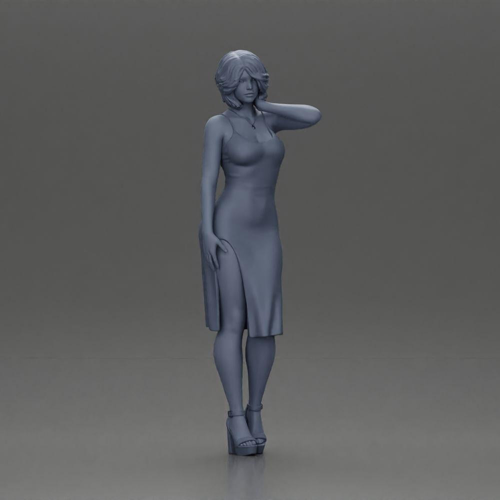 Diorama Modellbau Produktfoto 6: Weibliche Diorama-Figur im Mini-Kleid, kurzes Haar, Hand am Hals, Halskette (Ref Nr. A99)