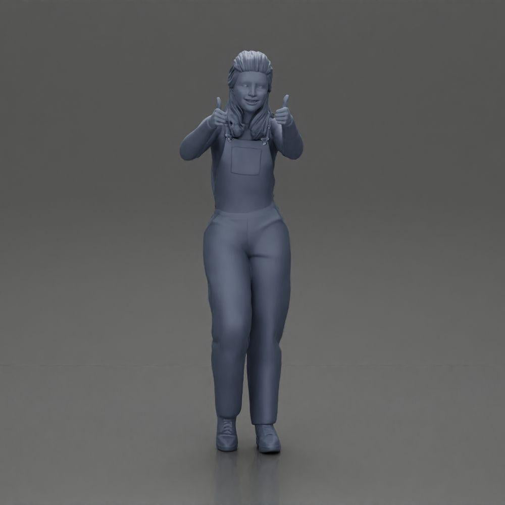 Diorama Modellbau Produktfoto 6: Stehendes, lächelndes Mädchen in Latzhose, beide Daumen hoch - Diorama-Figur (Ref Nr. A82)